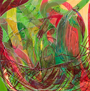 malerei von mesaoo wrede, das nest, pigmente/acryl auf leinwand, 110x110 cm, 2007 