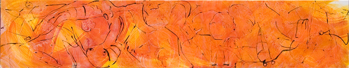 malerei von mesaoo wrede, "honigbienen", pigmente und acryl auf leinwand , 150x30 cm &bull; 2007 